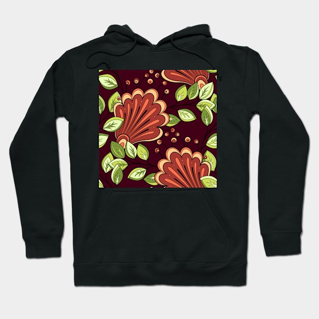 Floral Pattern with Red Flowers on Dark Background Hoodie by lissantee